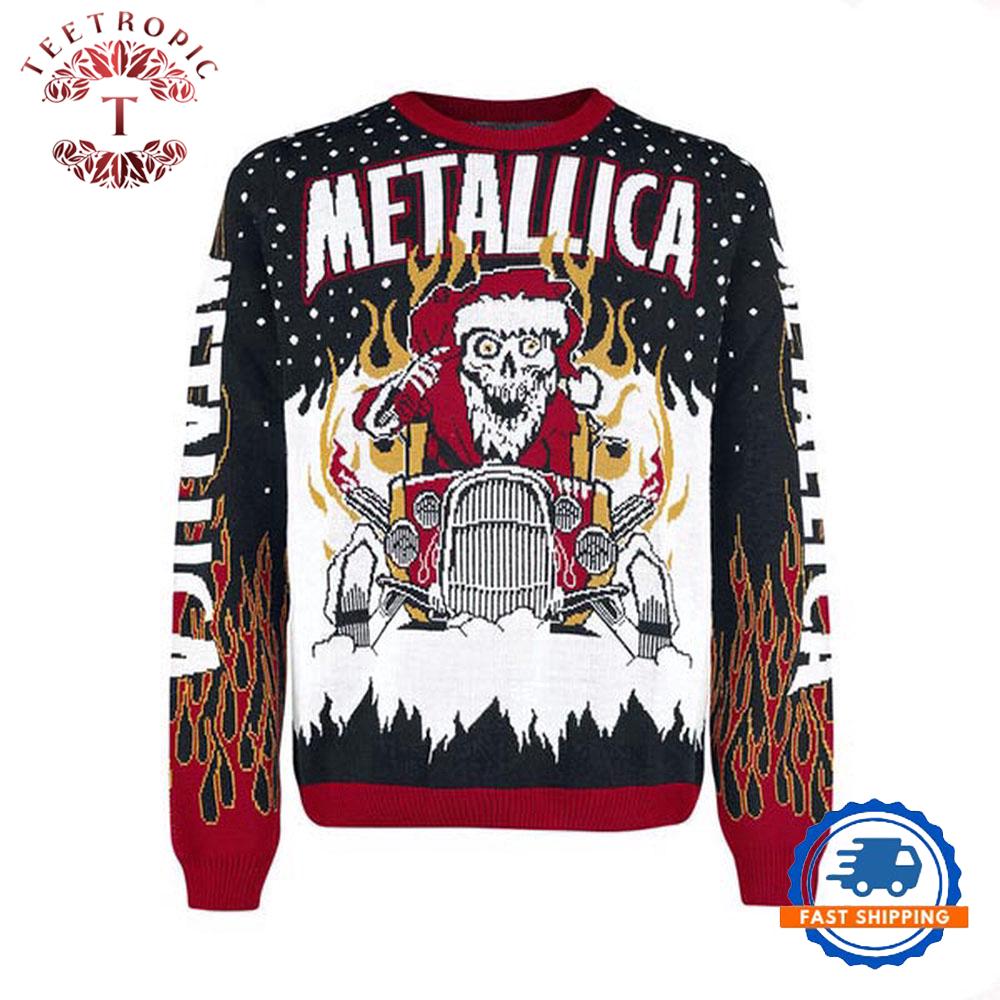 Metallica Gimme Yule Skull Santa Playing Drum Ugly Christmas Sweater