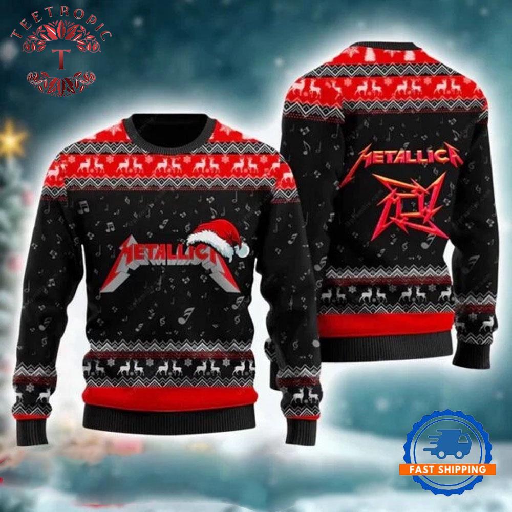 Metallicaa Ninja Star With Santa Hat Reindeer Red Black Ugly Christmas Sweater