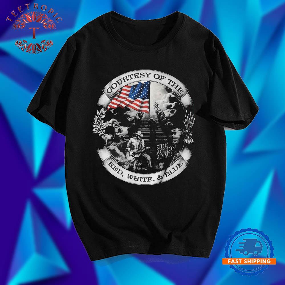 Courtesy Of The Red, White And Blue Side Action American Flag T Shirts