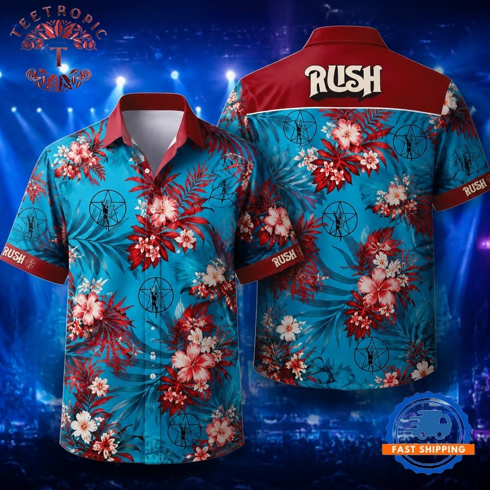 Red Flowers on Blue Rush Rock Music Band Hawaiian Shirt