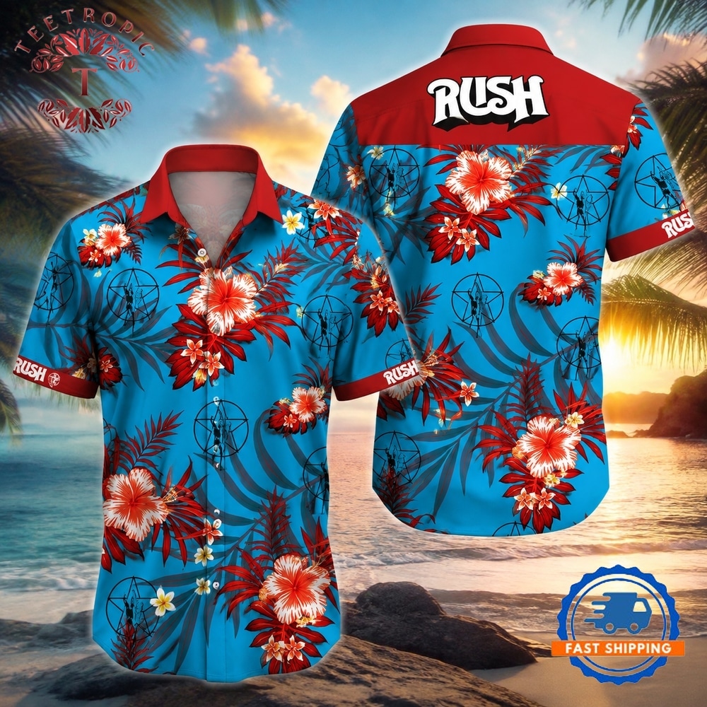 Red Flowers on Blue Rush Rock Music Band Summer Aloha Hawaiian Shirt