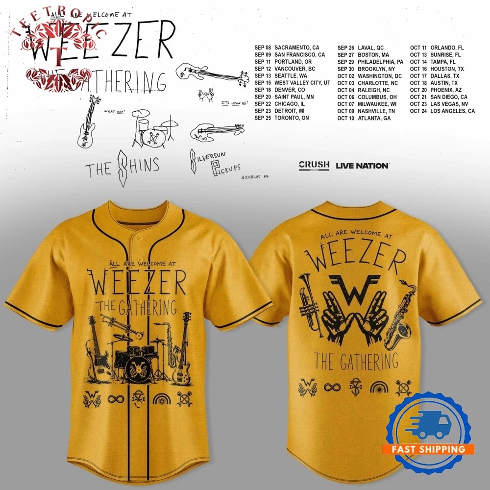 Weezer Merch The Gathering 2026 North America Tour Baseball Jersey