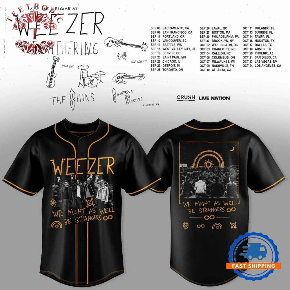 Weezer Merch The Gathering 2026 North America Tour Black Baseball Jersey