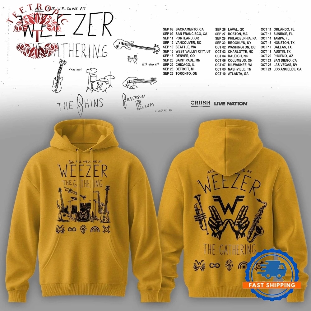 Weezer Merch The Gathering 2026 North America Tour Yellow Hoodie