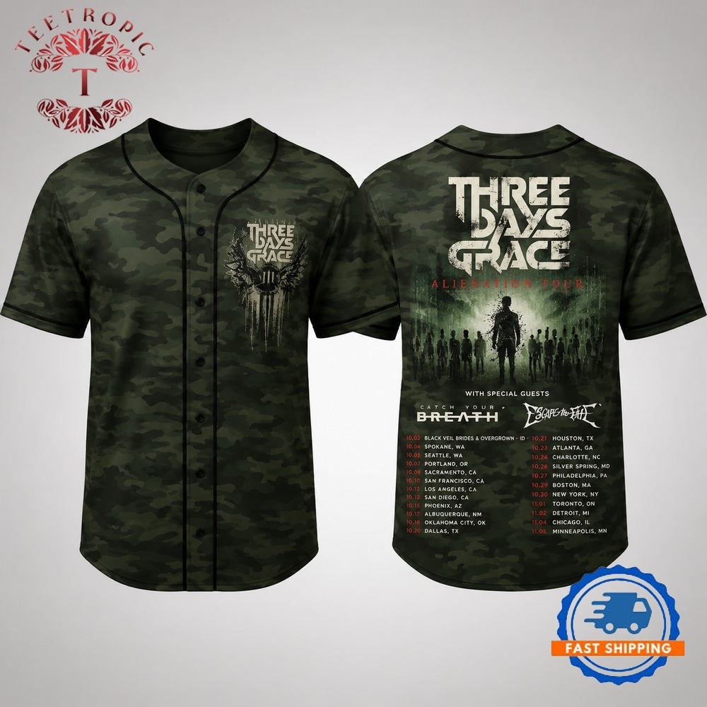 Three Days Grace Alienation Tour 2026 Green Camo Baseball Jersey